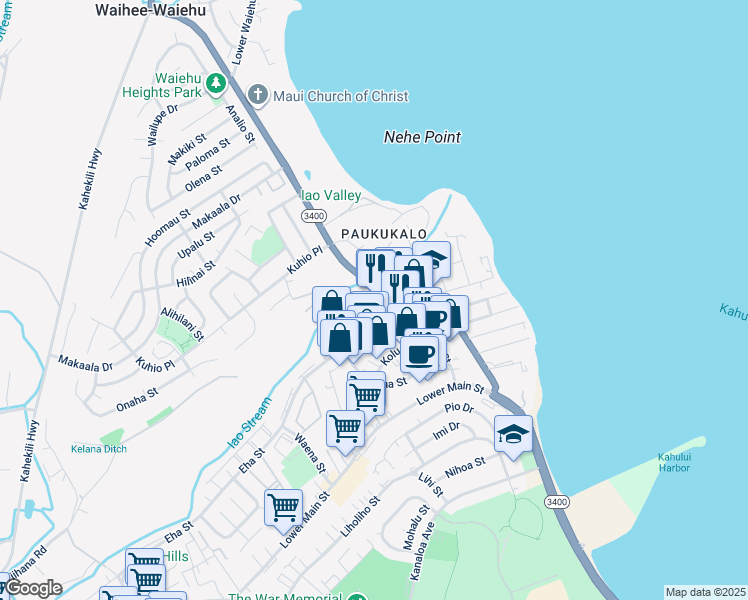 map of restaurants, bars, coffee shops, grocery stores, and more near 800 Eha Street in Wailuku