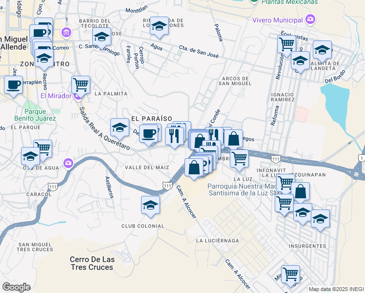 map of restaurants, bars, coffee shops, grocery stores, and more near in San Miguel de Allende