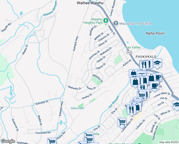 map of restaurants, bars, coffee shops, grocery stores, and more near 1005 Hoomau Street in Wailuku