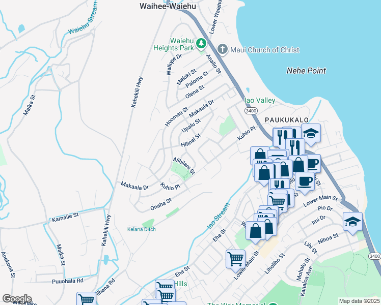 map of restaurants, bars, coffee shops, grocery stores, and more near 1019 Laelae Street in Wailuku