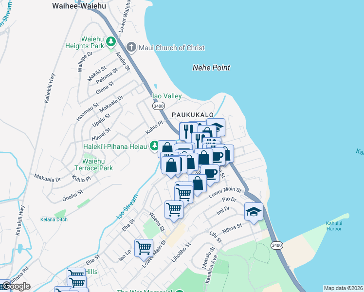 map of restaurants, bars, coffee shops, grocery stores, and more near 800 Eha Street in Wailuku
