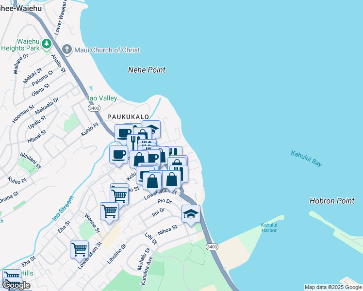 map of restaurants, bars, coffee shops, grocery stores, and more near 550 Kailana Street in Wailuku