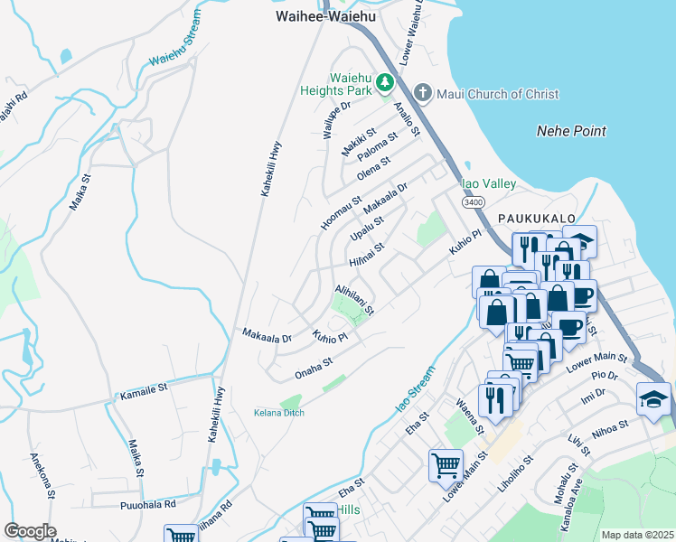 map of restaurants, bars, coffee shops, grocery stores, and more near 554 Hilinai Street in Wailuku