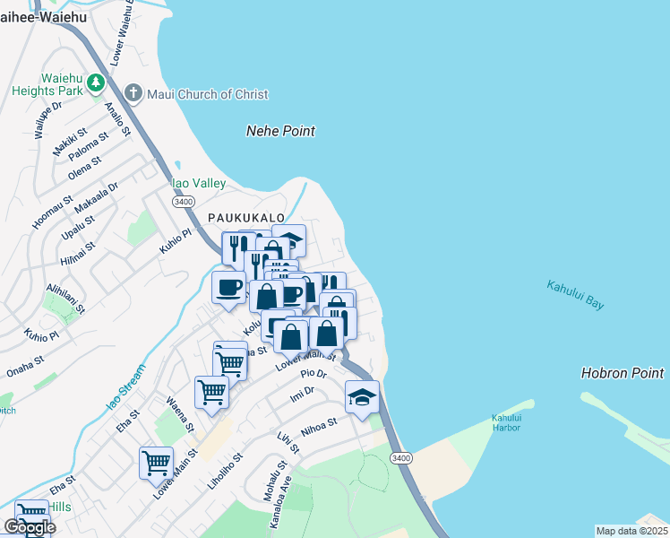 map of restaurants, bars, coffee shops, grocery stores, and more near 600 Kailana Street in Wailuku