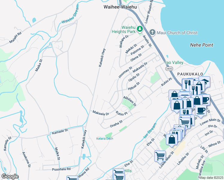 map of restaurants, bars, coffee shops, grocery stores, and more near 983 Akaiki Place in Wailuku