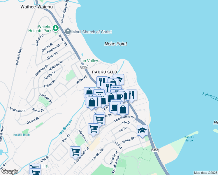 map of restaurants, bars, coffee shops, grocery stores, and more near 480 Waiehu Beach Road in Wailuku