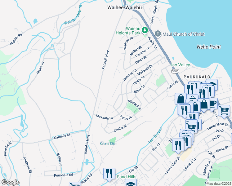 map of restaurants, bars, coffee shops, grocery stores, and more near 983 Akaiki Place in Wailuku