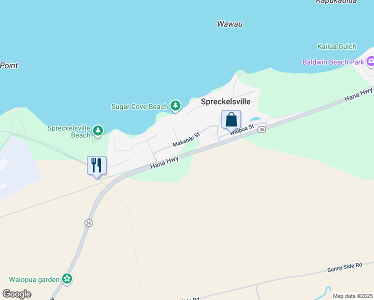map of restaurants, bars, coffee shops, grocery stores, and more near 100 Makahiki Street in Paia