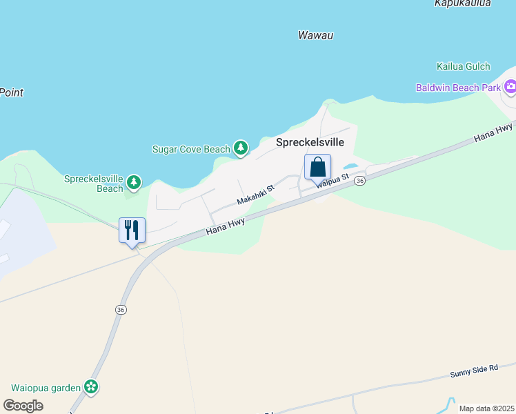 map of restaurants, bars, coffee shops, grocery stores, and more near 100 Makahiki Street in Paia