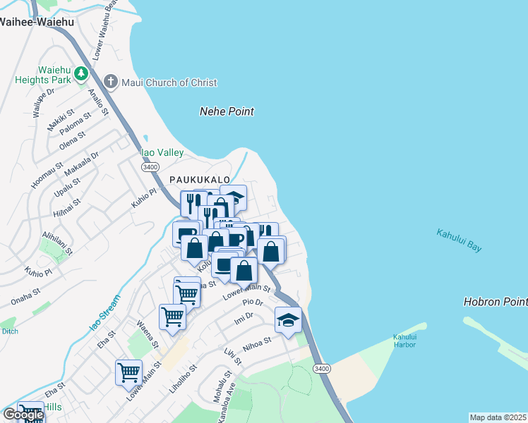 map of restaurants, bars, coffee shops, grocery stores, and more near 580 Ukali Street in Wailuku