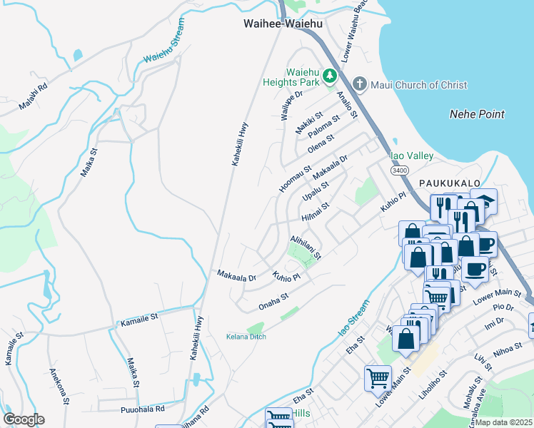 map of restaurants, bars, coffee shops, grocery stores, and more near 971 Akaiki Place in Wailuku