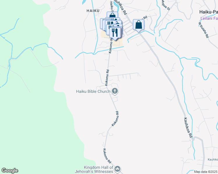 map of restaurants, bars, coffee shops, grocery stores, and more near 1075 Kokomo Road in Haiku-Pauwela