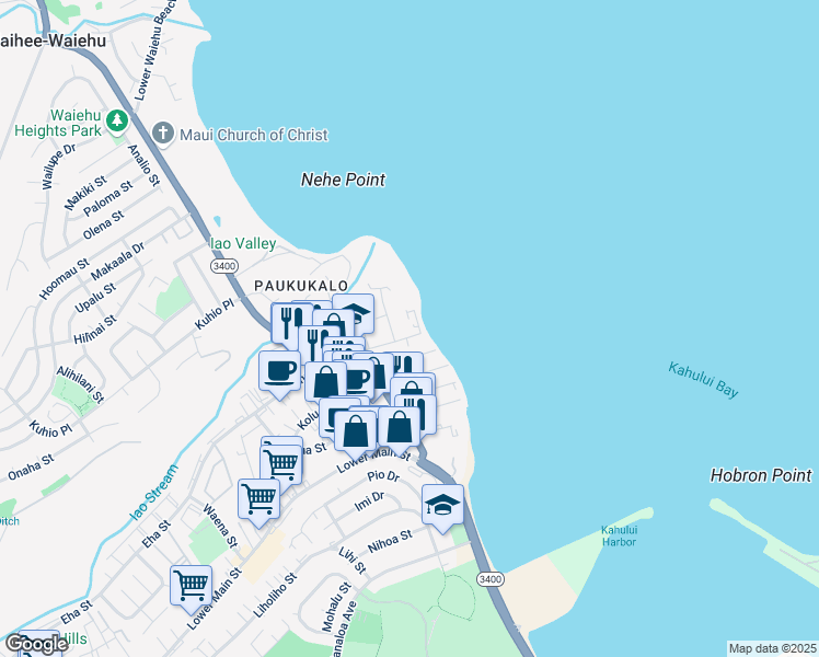 map of restaurants, bars, coffee shops, grocery stores, and more near 544 Ukali Street in Wailuku