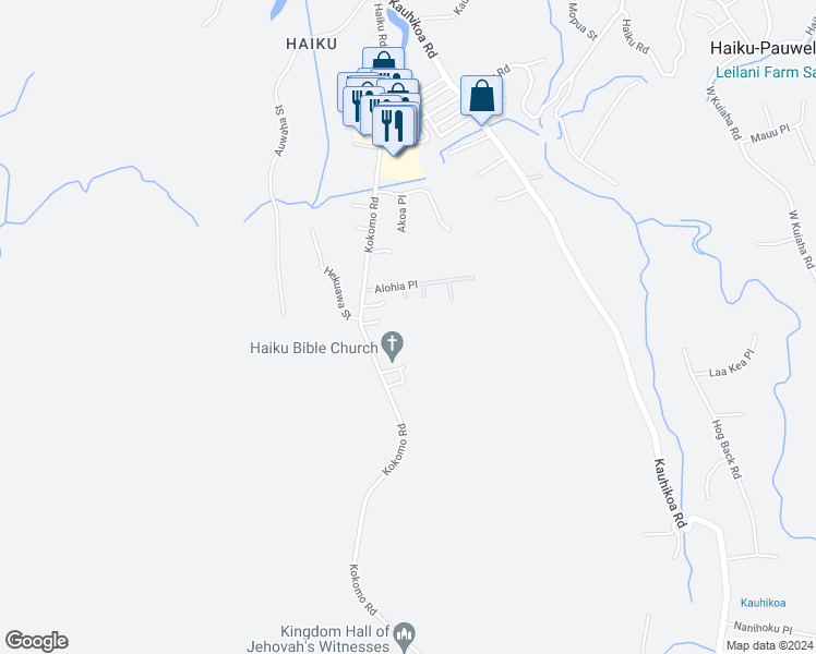 map of restaurants, bars, coffee shops, grocery stores, and more near 1061 Kokomo Road in Haiku-Pauwela