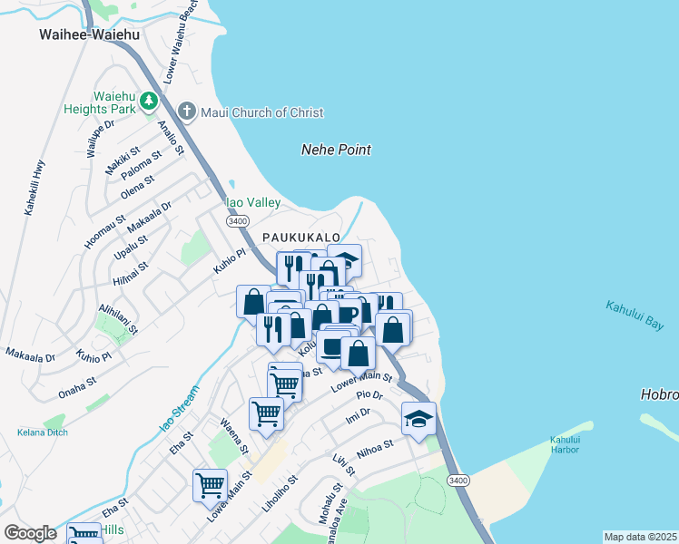 map of restaurants, bars, coffee shops, grocery stores, and more near 661 Nukuwai Place in Wailuku