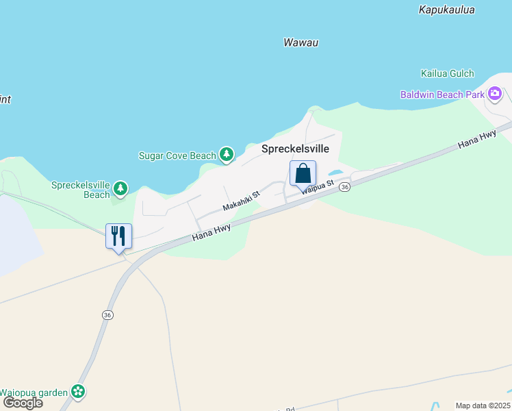 map of restaurants, bars, coffee shops, grocery stores, and more near 128 Makahiki Street in Paia