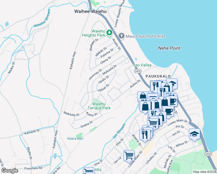 map of restaurants, bars, coffee shops, grocery stores, and more near 632 Hilinai Street in Wailuku