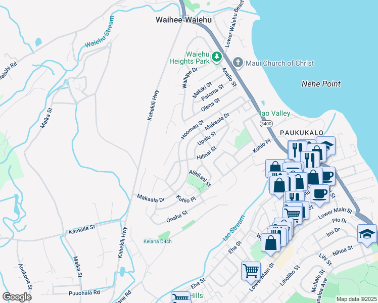 map of restaurants, bars, coffee shops, grocery stores, and more near 935 Makaala Drive in Wailuku