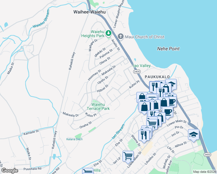 map of restaurants, bars, coffee shops, grocery stores, and more near 632 Hilinai Street in Wailuku