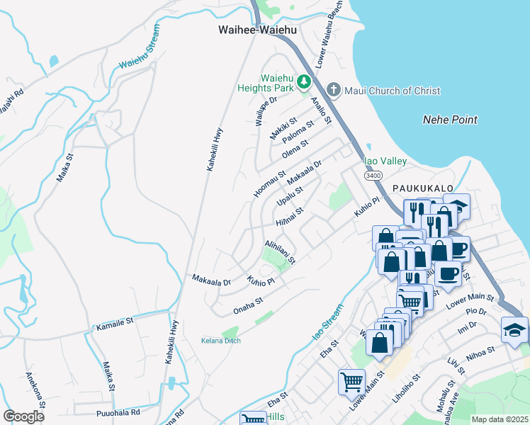 map of restaurants, bars, coffee shops, grocery stores, and more near 935 Makaala Drive in Wailuku