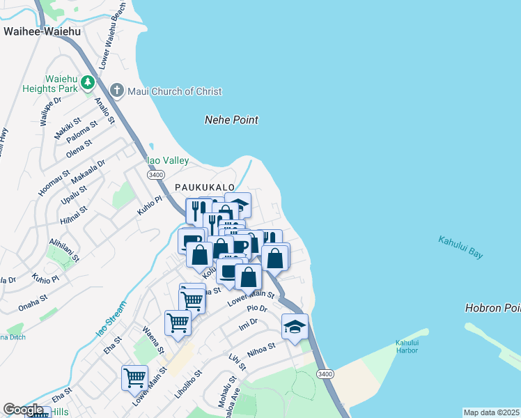 map of restaurants, bars, coffee shops, grocery stores, and more near Lilihua Place in Wailuku