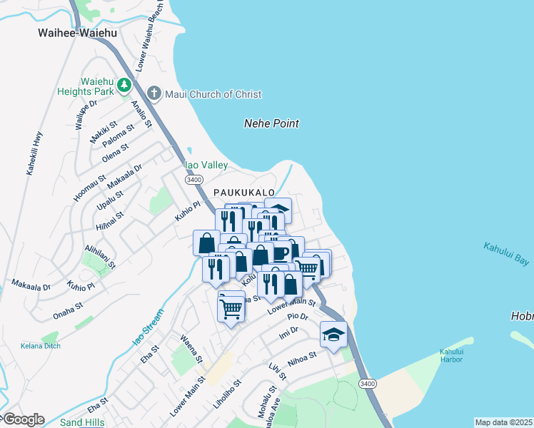 map of restaurants, bars, coffee shops, grocery stores, and more near 664 Nukuwai Place in Wailuku