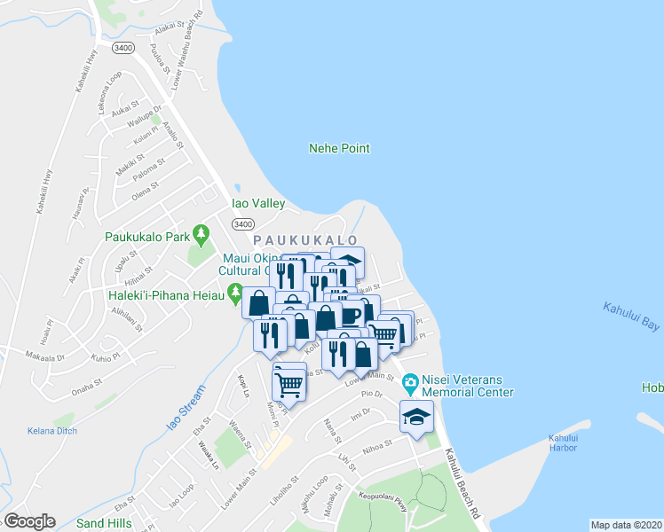 map of restaurants, bars, coffee shops, grocery stores, and more near 664 Nukuwai Place in Wailuku