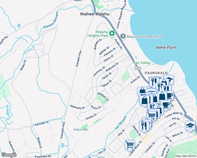 map of restaurants, bars, coffee shops, grocery stores, and more near 915 Makaala Drive in Wailuku