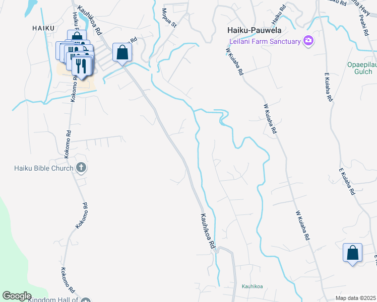 map of restaurants, bars, coffee shops, grocery stores, and more near 1127 Kauhikoa Road in Haiku-Pauwela