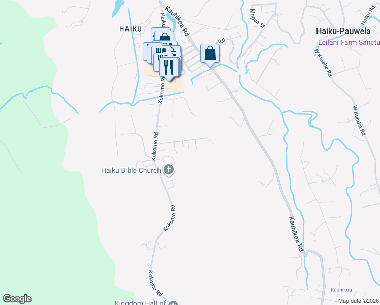 map of restaurants, bars, coffee shops, grocery stores, and more near 2590 Alohia Place in Haiku-Pauwela
