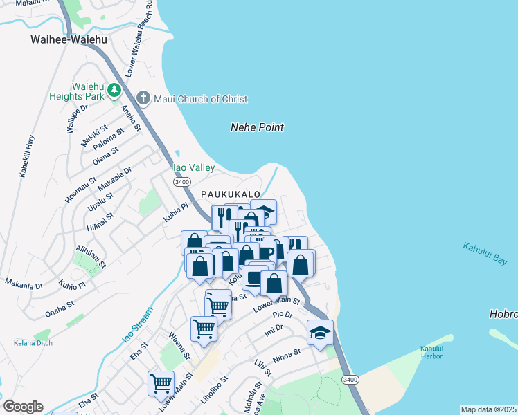 map of restaurants, bars, coffee shops, grocery stores, and more near 646 Nukuwai Place in Wailuku