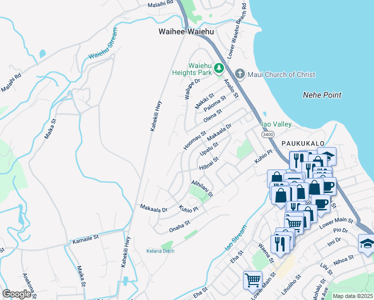 map of restaurants, bars, coffee shops, grocery stores, and more near 927 Hoomau Street in Wailuku