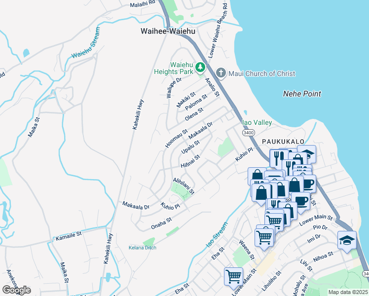 map of restaurants, bars, coffee shops, grocery stores, and more near 882 Upalu Street in Wailuku