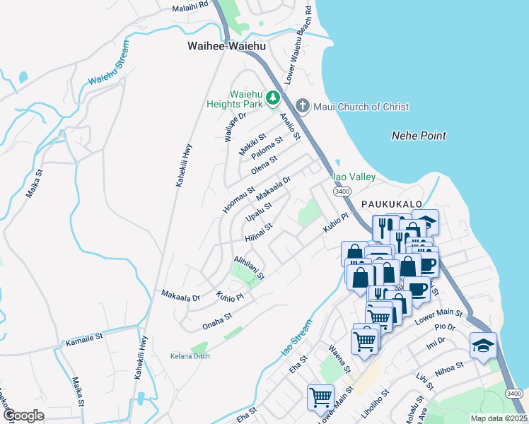 map of restaurants, bars, coffee shops, grocery stores, and more near 855 Upalu Street in Wailuku