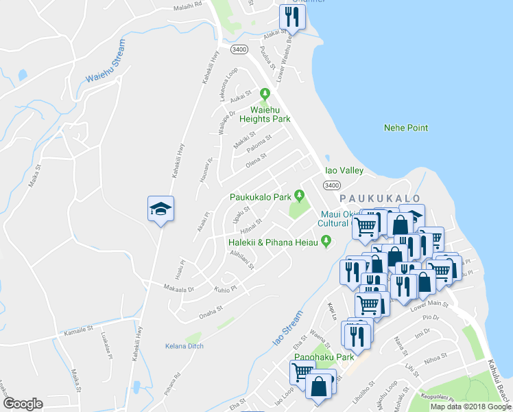 map of restaurants, bars, coffee shops, grocery stores, and more near 855 Upalu Street in Wailuku