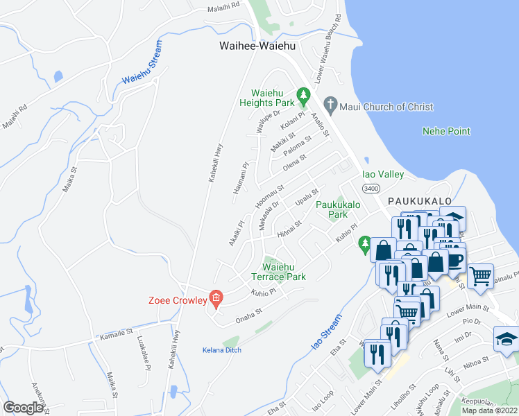 map of restaurants, bars, coffee shops, grocery stores, and more near 917 Hoomau Street in Wailuku