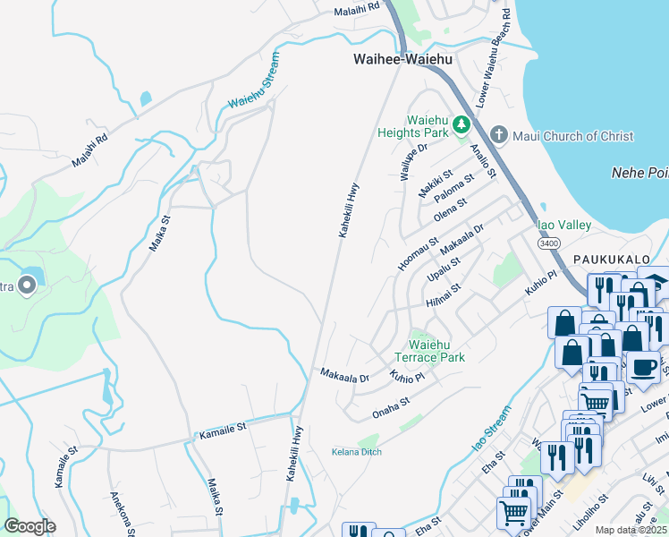 map of restaurants, bars, coffee shops, grocery stores, and more near Kahekili Highway in Wailuku