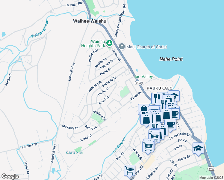 map of restaurants, bars, coffee shops, grocery stores, and more near 671 Hilinai Street in Wailuku
