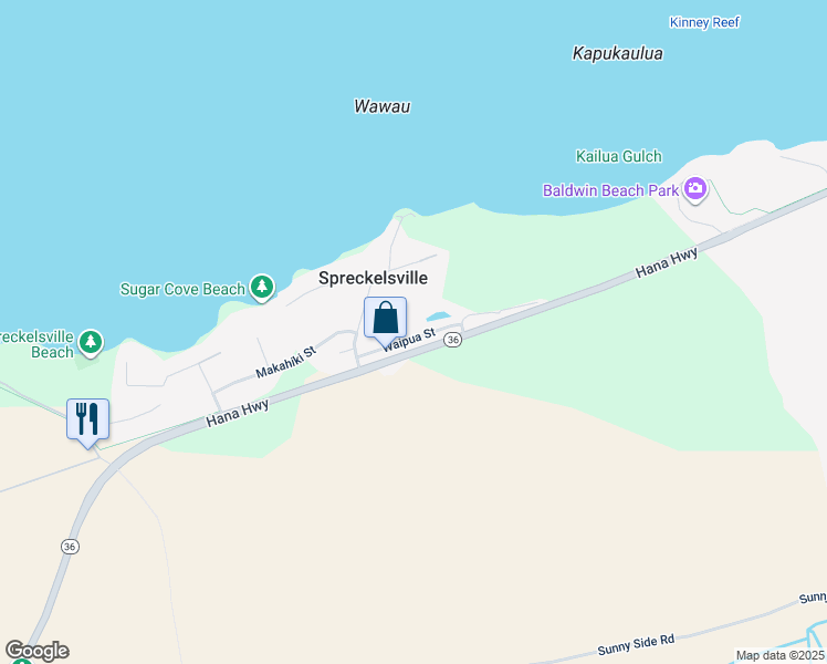 map of restaurants, bars, coffee shops, grocery stores, and more near 2423 Waipua Street in Paia