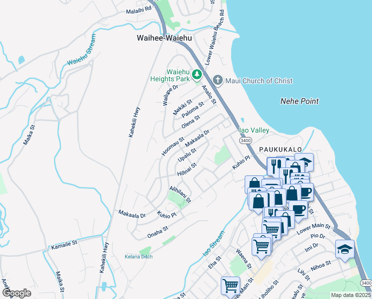 map of restaurants, bars, coffee shops, grocery stores, and more near 865 Makaala Drive in Wailuku