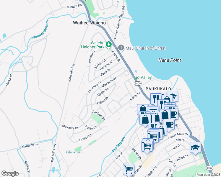 map of restaurants, bars, coffee shops, grocery stores, and more near 827 Upalu Street in Wailuku