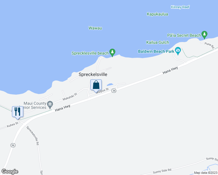map of restaurants, bars, coffee shops, grocery stores, and more near 2455 Waipua Street in Paia