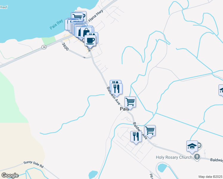 map of restaurants, bars, coffee shops, grocery stores, and more near 325 Baldwin Avenue in Paia