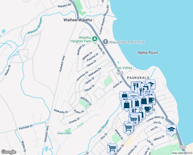 map of restaurants, bars, coffee shops, grocery stores, and more near 827 Upalu Street in Wailuku