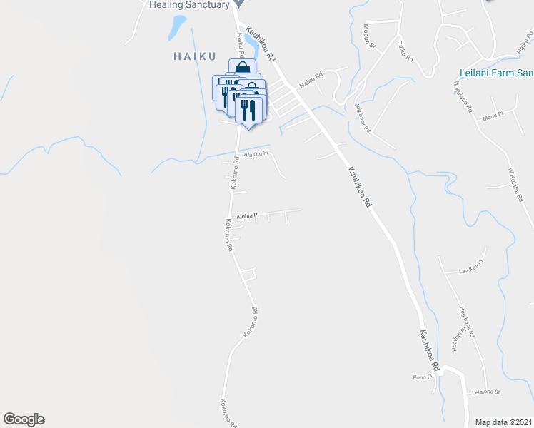 map of restaurants, bars, coffee shops, grocery stores, and more near 2626 Alohia Place in Haiku-Pauwela