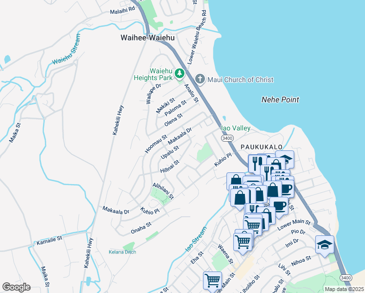 map of restaurants, bars, coffee shops, grocery stores, and more near 827 Upalu Street in Wailuku