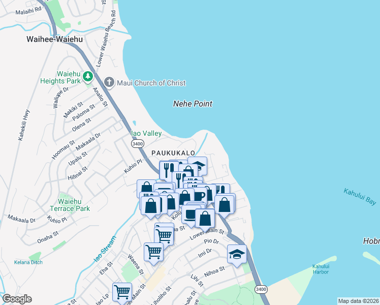 map of restaurants, bars, coffee shops, grocery stores, and more near 596 Kaae Road in Wailuku