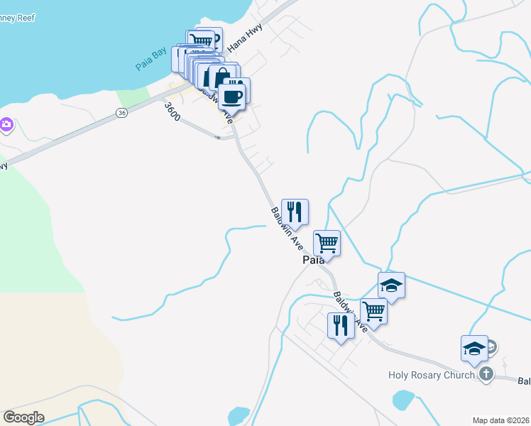 map of restaurants, bars, coffee shops, grocery stores, and more near 48 Lei Place in Paia