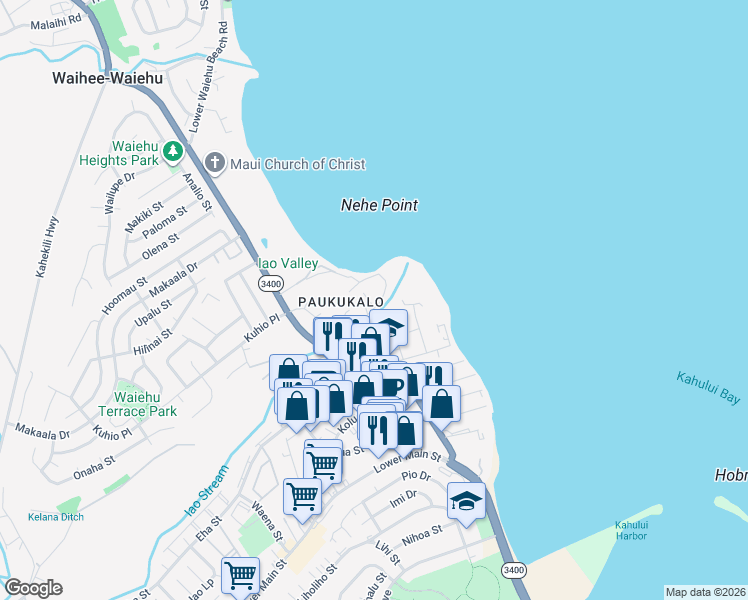 map of restaurants, bars, coffee shops, grocery stores, and more near 596 Kaae Road in Wailuku