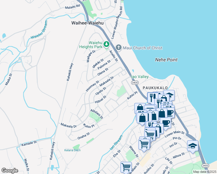 map of restaurants, bars, coffee shops, grocery stores, and more near 831 Upalu Street in Wailuku